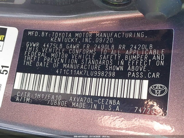 Продажа на аукционе авто 2020 Toyota Camry Le, vin: 4T1C11AK7LU998298, номер лота: 44108322