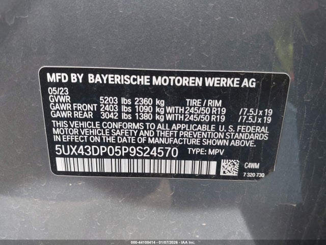 44108414 :رقم المزاد ، 5UX43DP05P9S24570 vin ، 2023 Bmw X3 Sdrive30i مزاد بيع