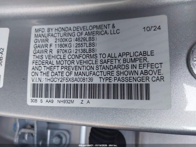 1HGCY2F5XSA008139 Honda Accord Hybrid Sport