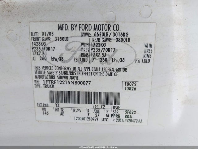 Aukcja sprzedaży 2005 Ford F-150 Stx/xl/xlt, vin: 1FTRF12215NB00077, numer aukcji: 44108459
