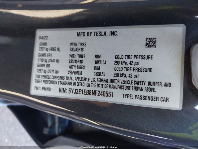Продажа на аукционе авто 2022 Tesla Model 3 Long Range Dual Motor All-wheel Drive, vin: 5YJ3E1EB8NF240551, номер лота: 44108480