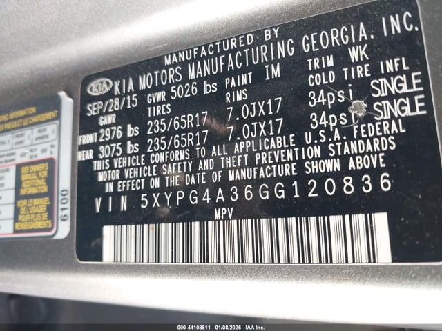 5XYPG4A36GG120836 KIA Sorento 2.4l Lx