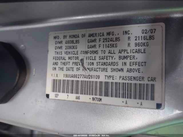 Aukcja sprzedaży 2007 Acura Tl 3.2, vin: 19UUA66277A026109, numer aukcji: 44108588
