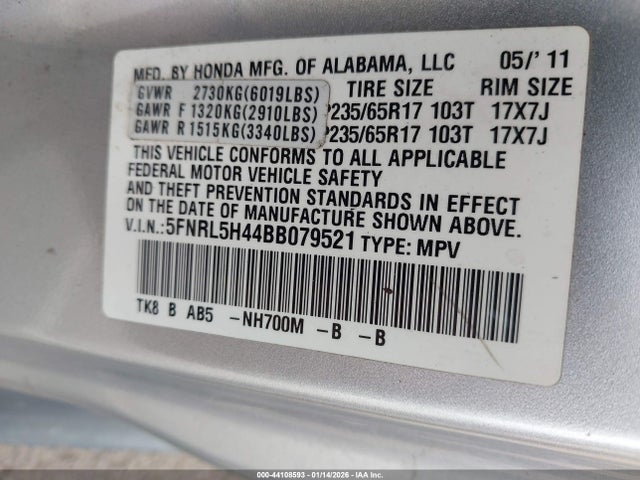 Продажа на аукционе авто 2011 Honda Odyssey Ex, vin: 5FNRL5H44BB079521, номер лота: 44108593