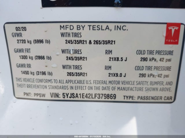 2020 TESLA MODEL S 5YJSA1E42LF379869 Photo 8