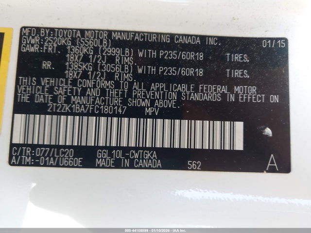 Aukcja sprzedaży 2015 Lexus Rx 350, vin: 2T2ZK1BA7FC180147, numer aukcji: 44108599