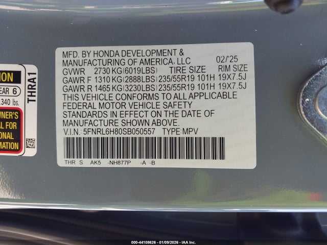 5FNRL6H80SB050557 Honda Odyssey Touring