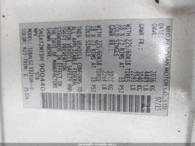 44108670 :رقم المزاد ، 5N1AT2MT3FC900440 vin ، 2015 Nissan Rogue Sl مزاد بيع