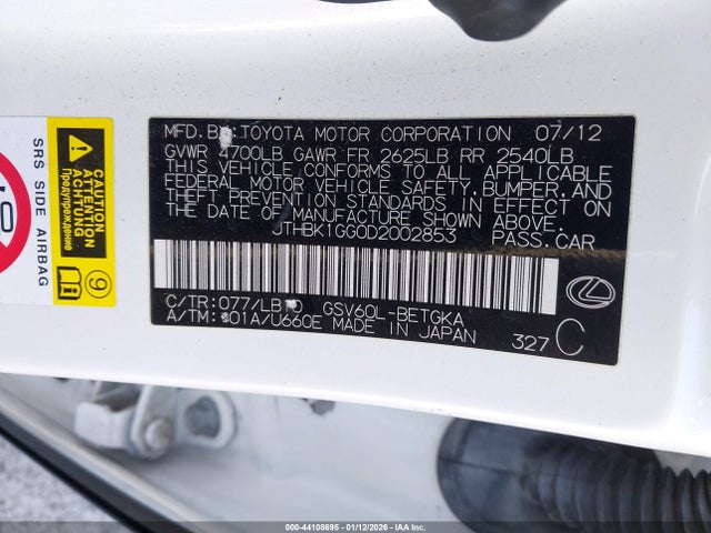 44108695 :رقم المزاد ، JTHBK1GG0D2002853 vin ، 2013 Lexus Es 350 مزاد بيع