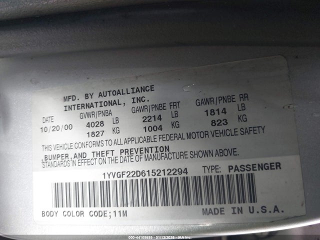 Продаж на аукціоні авто 2001 Mazda 626 Es V6/lx V6, vin: 1YVGF22D615212294, номер лоту: 44108699