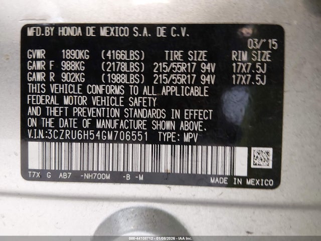 3CZRU6H54GM706551 Honda HR-V EX