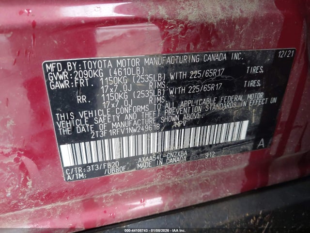 2T3F1RFV1NW249618 Toyota RAV4 LE