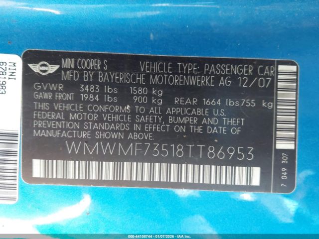 2008 MINI COOPER S WMWMF73518TT86953 Photo 8