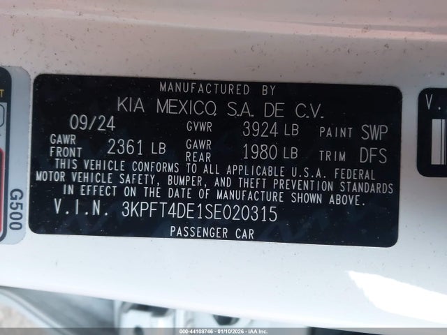 3KPFT4DE1SE020315 KIA K4 Lxs