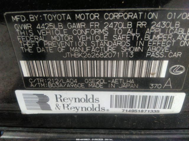 2008 LEXUS IS 250 JTHBK262682071113 Photo 8