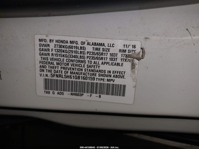 5FNRL5H61GB160159 Honda Odyssey Ex-l