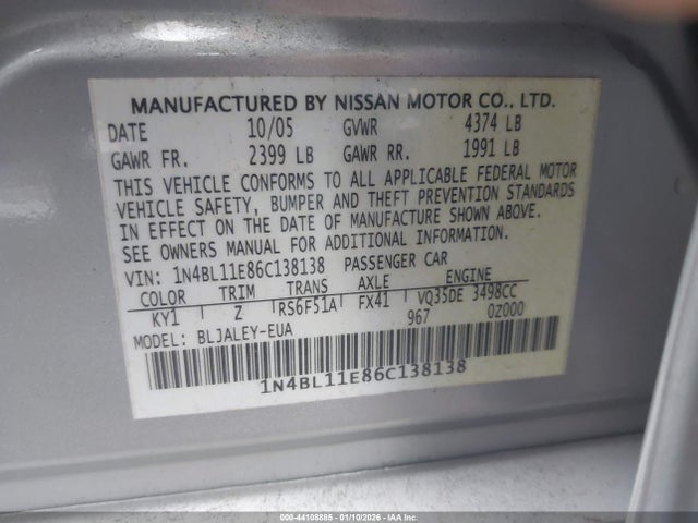2006 Nissan Altima 3.5 Se-r მანქანა იყიდება აუქციონზე, vin: 1N4BL11E86C138138, აუქციონის ნომერი: 44108885