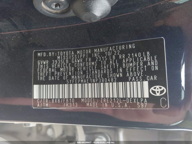 5YFEPMAE1NP380482 Toyota COROLLA LE