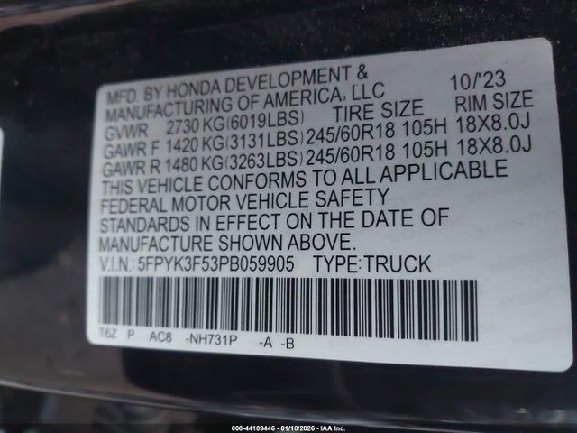 Honda Ridgeline Rtl 2023 5FPYK3F53PB059905 Image 9