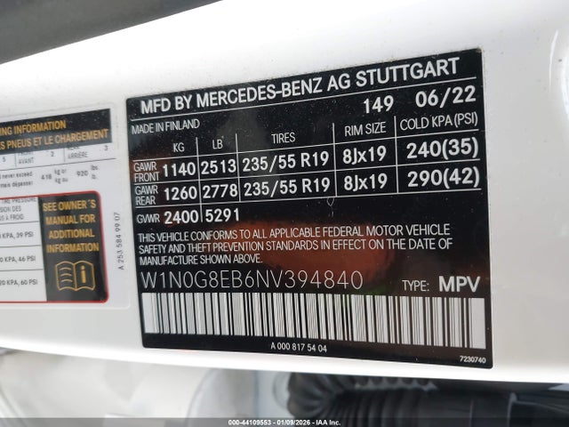 44109553 :رقم المزاد ، W1N0G8EB6NV394840 vin ، 2022 Mercedes-benz Glc 300 4matic Suv مزاد بيع