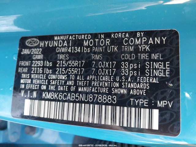 44109732 :رقم المزاد ، KM8K6CAB5NU878883 vin ، 2022 Hyundai Kona Sel مزاد بيع