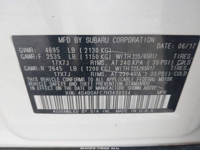 Aukcja sprzedaży 2017 Subaru Outback 2.5i Premium, vin: 4S4BSAFC7H3430334, numer aukcji: 44109759