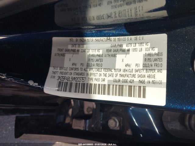 44109905 :رقم المزاد ، 3MZBPABL5MM203757 vin ، 2021 Mazda Mazda3 مزاد بيع