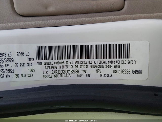 2012 Jeep Grand Cherokee Overland მანქანა იყიდება აუქციონზე, vin: 1C4RJECG8CC162326, აუქციონის ნომერი: 44110061