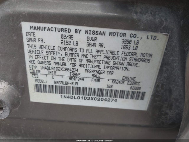 1999 Nissan Altima Gle/gxe/se/se-l/xe მანქანა იყიდება აუქციონზე, vin: 1N4DL01D2XC204274, აუქციონის ნომერი: 44110116