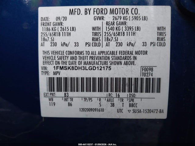 2020 FORD EXPLORER 1FMSK8DH3LGD12175 Photo 8