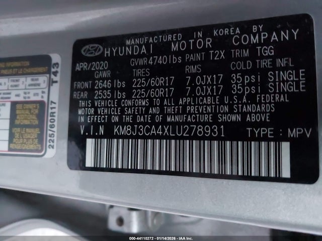 Aukcja sprzedaży 2020 Hyundai Tucson Value, vin: KM8J3CA4XLU278931, numer aukcji: 44110272