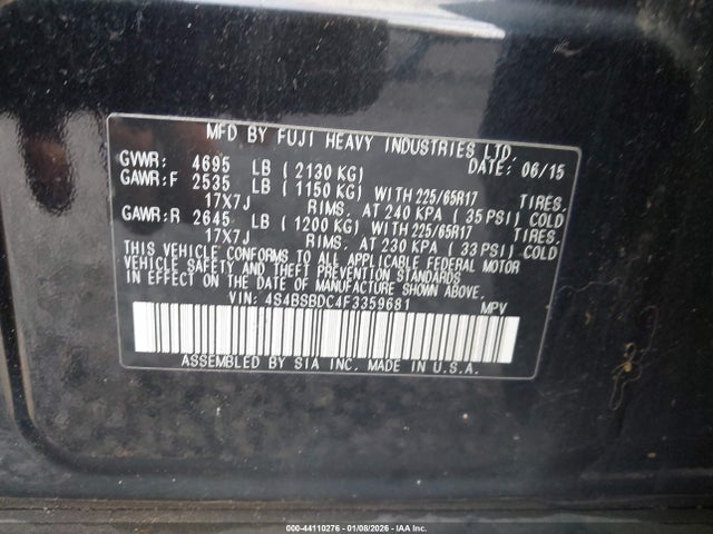 Subaru Outback 2.5i Premium 2015 4S4BSBDC4F3359681 Image 9