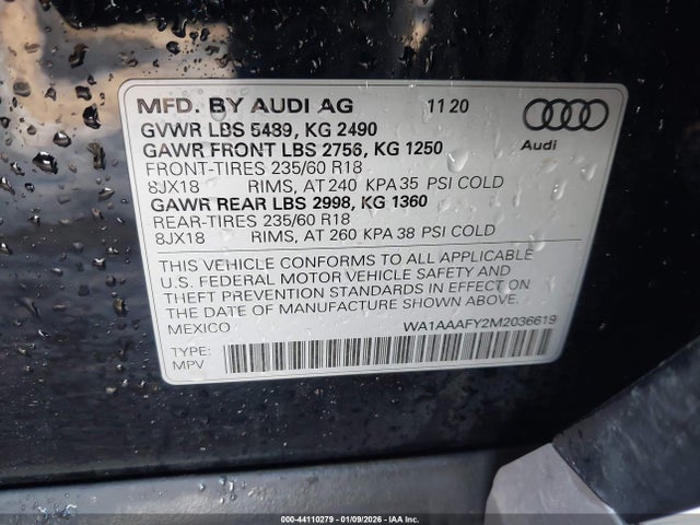 Aukcja sprzedaży 2021 Audi Q5 Premium 45 Tfsi Quattro S Tronic, vin: WA1AAAFY2M2036619, numer aukcji: 44110279
