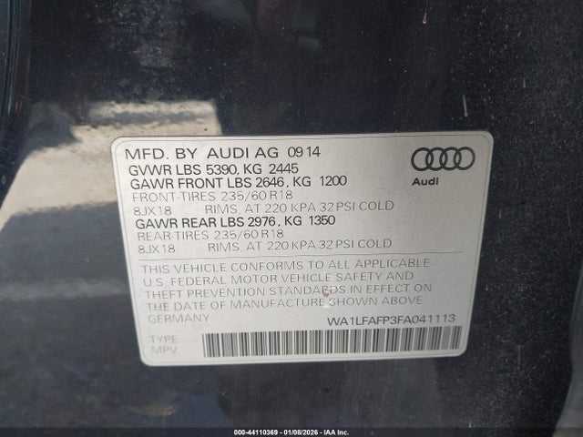 44110369 :رقم المزاد ، WA1LFAFP3FA041113 vin ، 2015 Audi Q5 2.0t Premium مزاد بيع