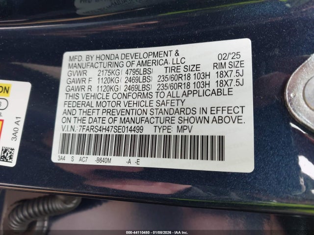 2025 Honda Cr-v Ex Awd მანქანა იყიდება აუქციონზე, vin: 7FARS4H47SE014499, აუქციონის ნომერი: 44110480
