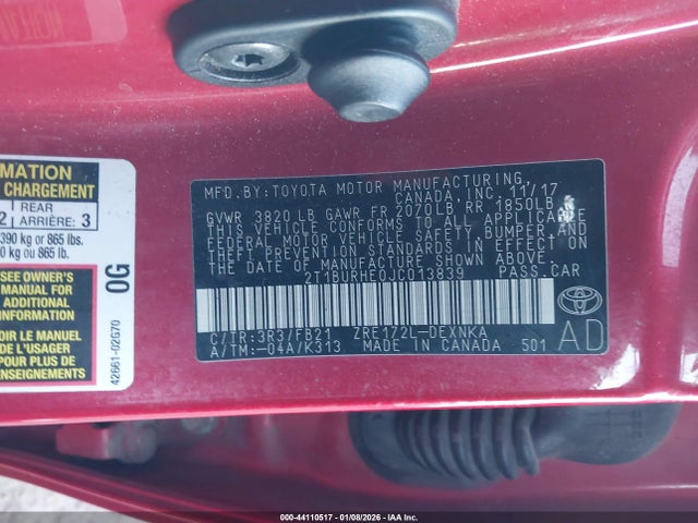 2T1BURHE0JC013839 Toyota COROLLA LE