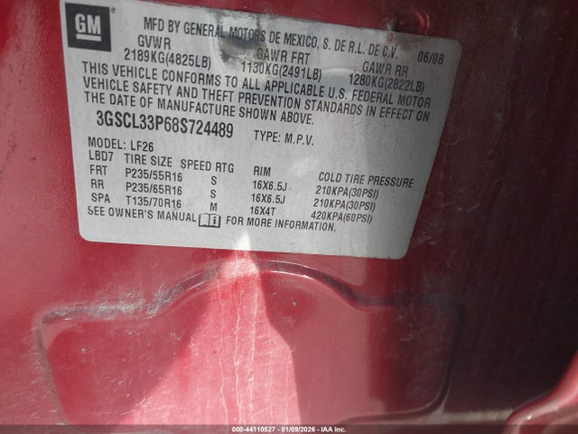 44110527 :رقم المزاد ، 3GSCL33P68S724489 vin ، 2008 Saturn Vue 4-cyl Xe مزاد بيع