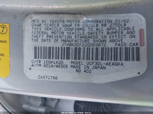 2002 Lexus Ls 430 მანქანა იყიდება აუქციონზე, vin: JTHBN30F220069872, აუქციონის ნომერი: 44110559