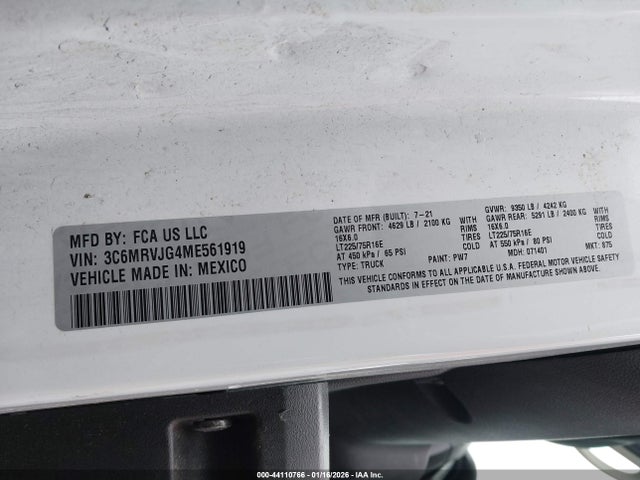 Aukcja sprzedaży 2021 Ram Promaster 3500 Cargo Van High Roof 159 Wb Ext, vin: 3C6MRVJG4ME561919, numer aukcji: 44110766