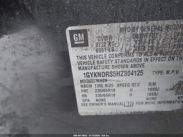 44110832 :رقم المزاد ، 1GYKNDRS5HZ304125 vin ، 2017 Cadillac Xt5 Luxury مزاد بيع