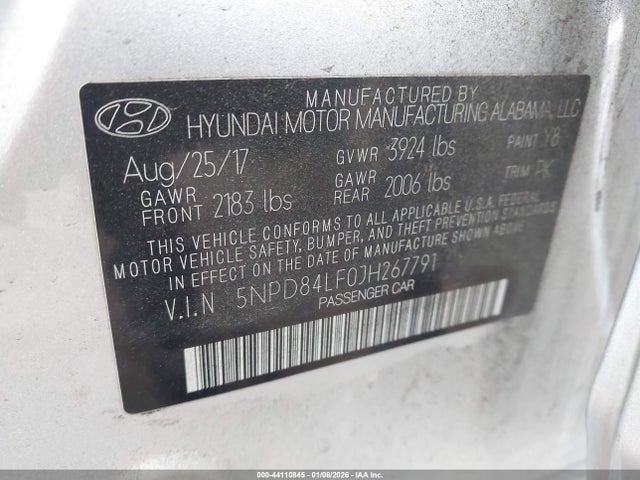 5NPD84LF0JH267791 Hyundai ELANTRA SEL