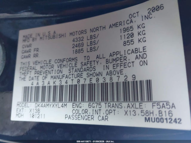 2007 MITSUBISHI ECLIPSE 4A3AK34T07E038729 Photo 8