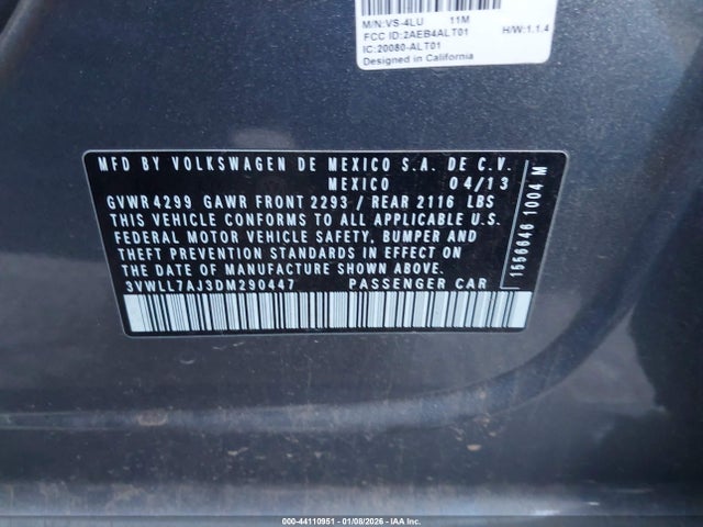 2013 Volkswagen Jetta 2.0l Tdi მანქანა იყიდება აუქციონზე, vin: 3VWLL7AJ3DM290447, აუქციონის ნომერი: 44110951