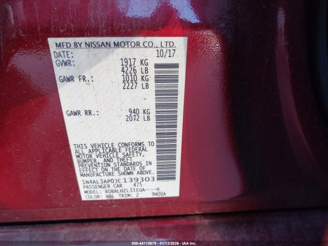 2018 Nissan Altima 2.5 Sr მანქანა იყიდება აუქციონზე, vin: 1N4AL3AP0JC139303, აუქციონის ნომერი: 44110979