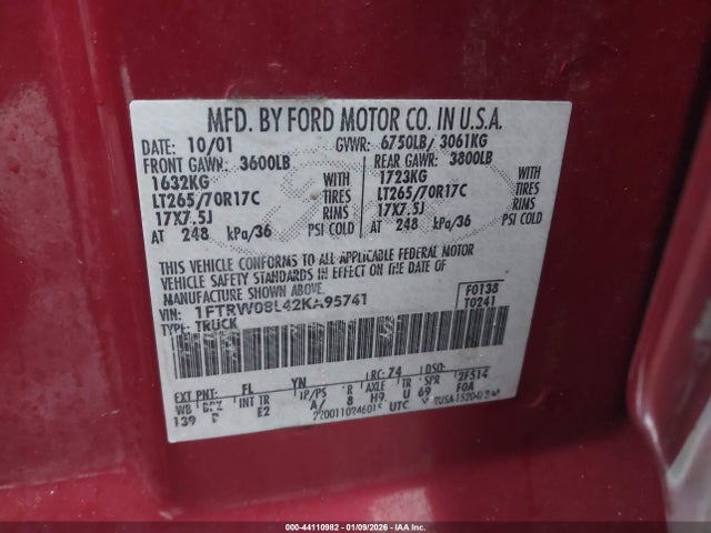 Продажа на аукционе авто 2002 Ford F-150 Lariat/xlt, vin: 1FTRW08L42KA95741, номер лота: 44110982