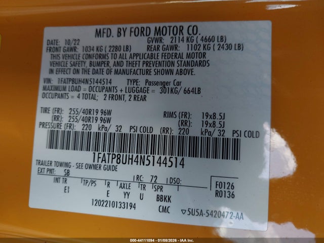 1FATP8UH4N5144514 Ford Mustang Ecoboost Premium