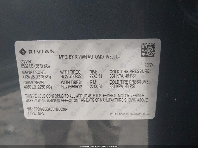 44111124 :رقم المزاد ، 7PDSGBBA0SN060364 vin ، 2025 Rivian R1s Adventure Dual Motor Large Pack/adventure Dual Motor Max Pack مزاد بيع