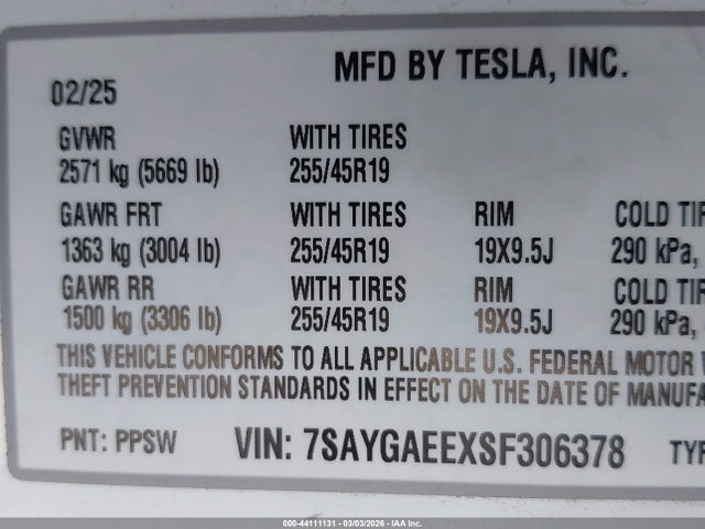 Aukcja sprzedaży 2025 Tesla Model Y Long Range Dual Motor All-wheel Drive, vin: 7SAYGAEEXSF306378, numer aukcji: 44111131