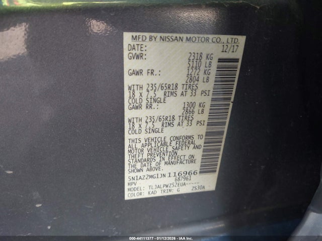 2018 Nissan Murano S მანქანა იყიდება აუქციონზე, vin: 5N1AZ2MG1JN116966, აუქციონის ნომერი: 44111377
