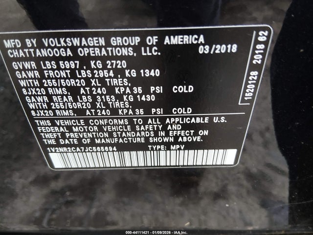 1V2NR2CA7JC565694 Volkswagen Atlas 3.6l V6 Sel Premium